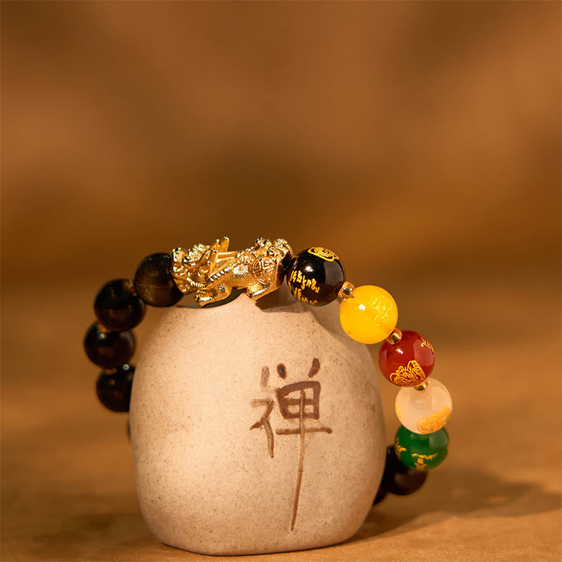 Natural Gold Sheen Obsidian & Copper Pixiu God of Wealth Beaded Bracelet