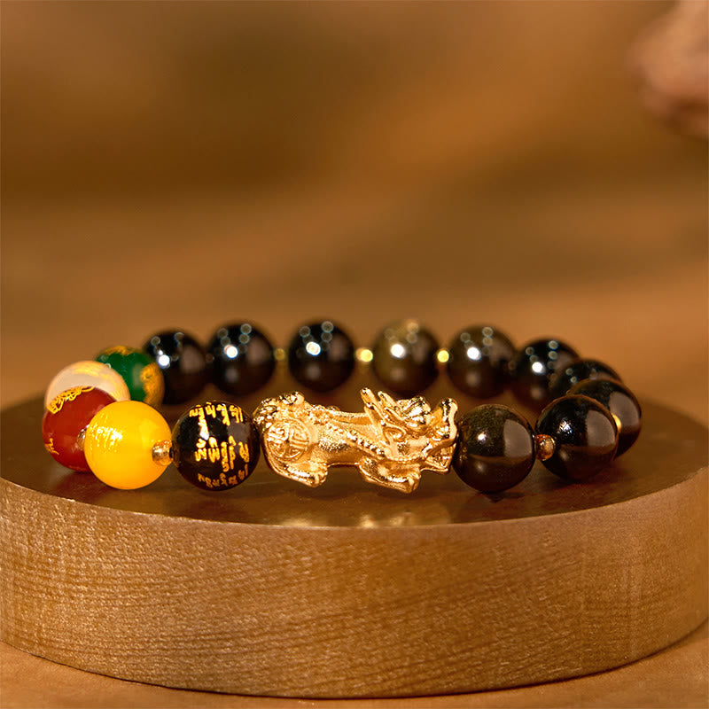 Natural Gold Sheen Obsidian & Copper Pixiu God of Wealth Beaded Bracelet