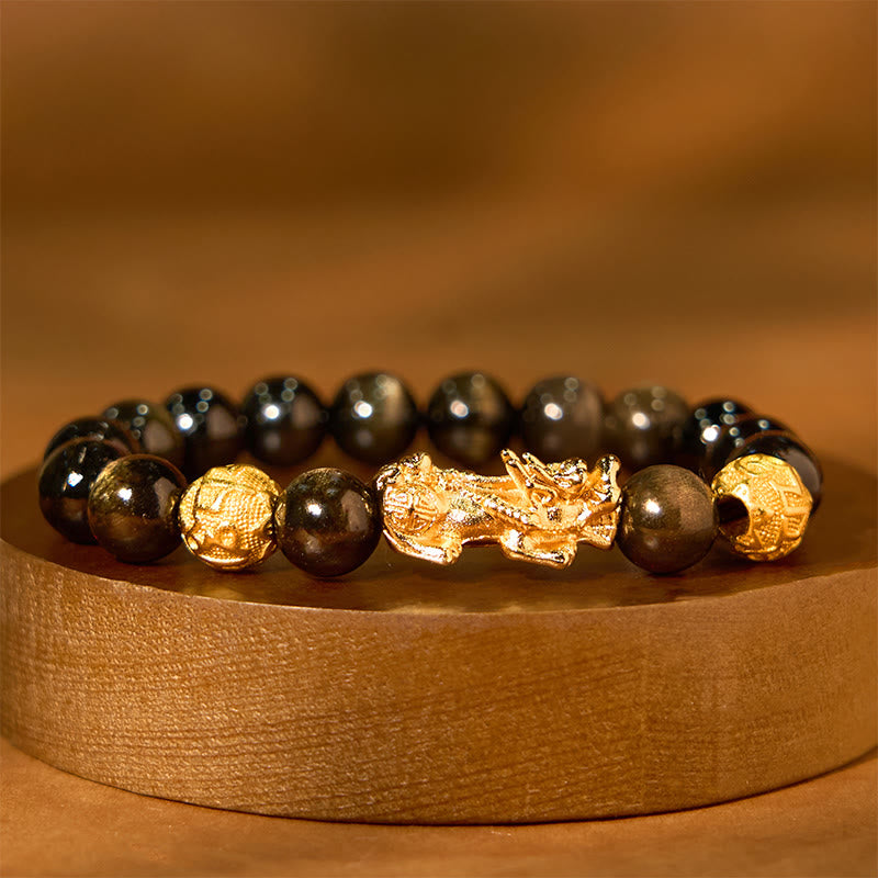 Natural Gold Sheen Obsidian & Copper Pixiu Om Mani Padme Hum Beaded Bracelet