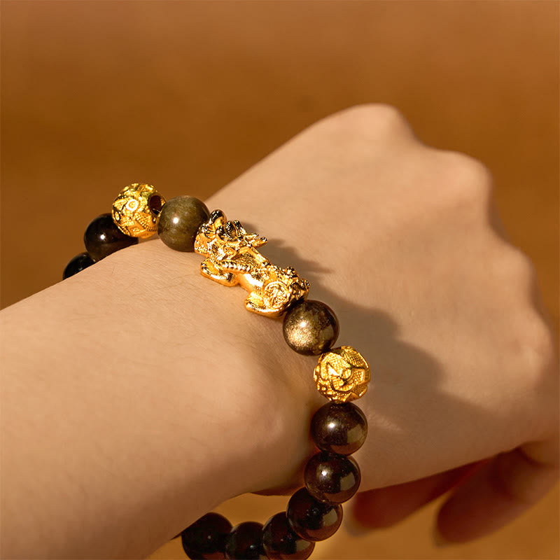 Natural Gold Sheen Obsidian & Copper Pixiu Om Mani Padme Hum Beaded Bracelet