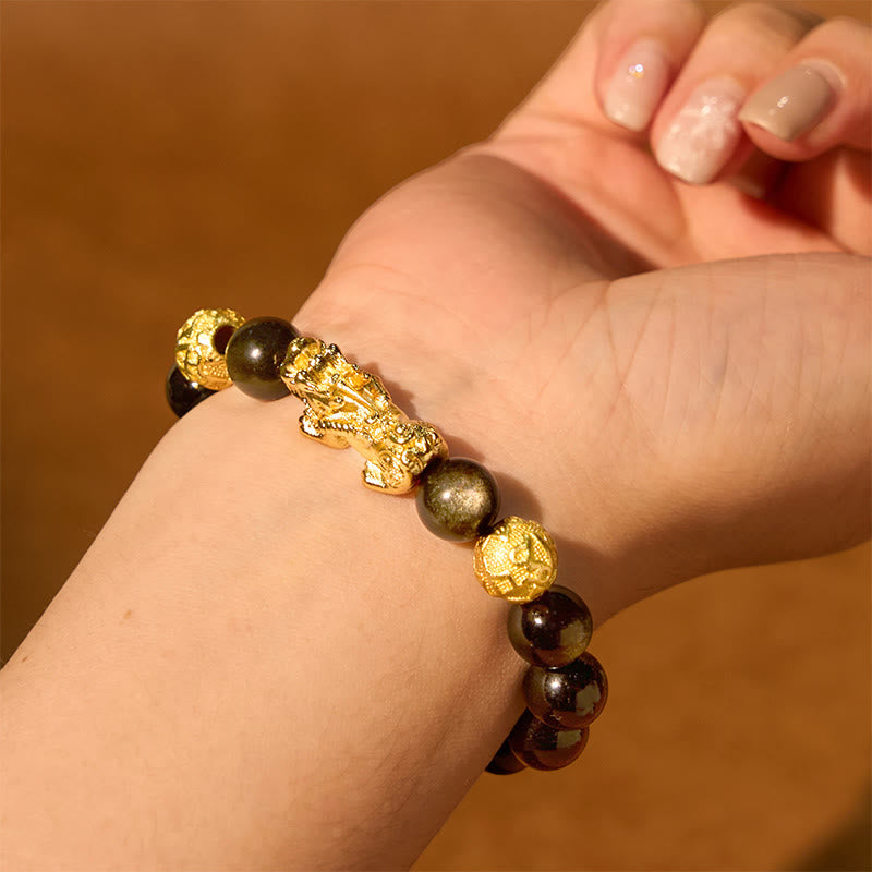 Natural Gold Sheen Obsidian & Copper Pixiu Om Mani Padme Hum Beaded Bracelet