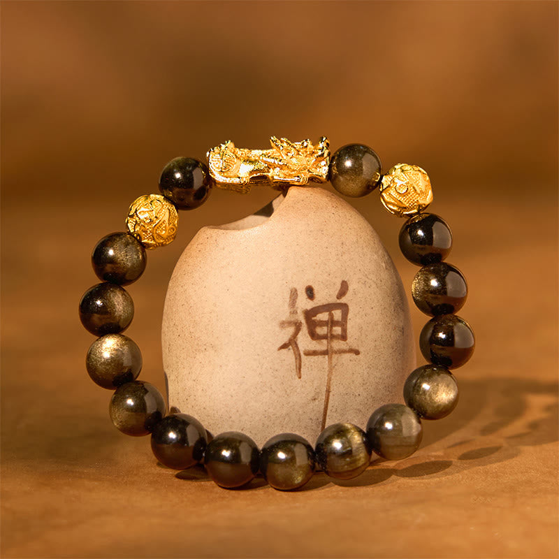 Natural Gold Sheen Obsidian & Copper Pixiu Om Mani Padme Hum Beaded Bracelet