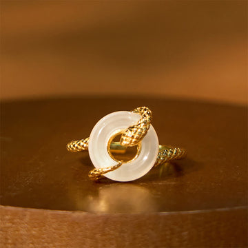 Adjustable 925 Sterling Silver Golden Snake Chalcedony Ping An Kou Peace Buckle Ring