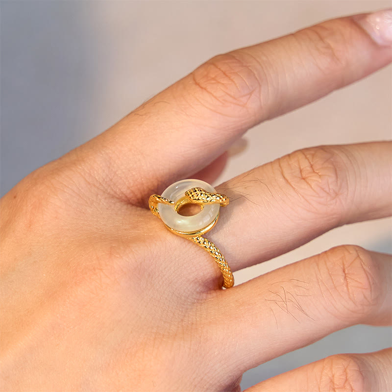 Adjustable 925 Sterling Silver Golden Snake Chalcedony Ping An Kou Peace Buckle Ring