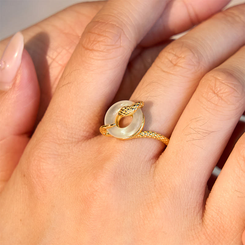 Adjustable 925 Sterling Silver Golden Snake Chalcedony Ping An Kou Peace Buckle Ring