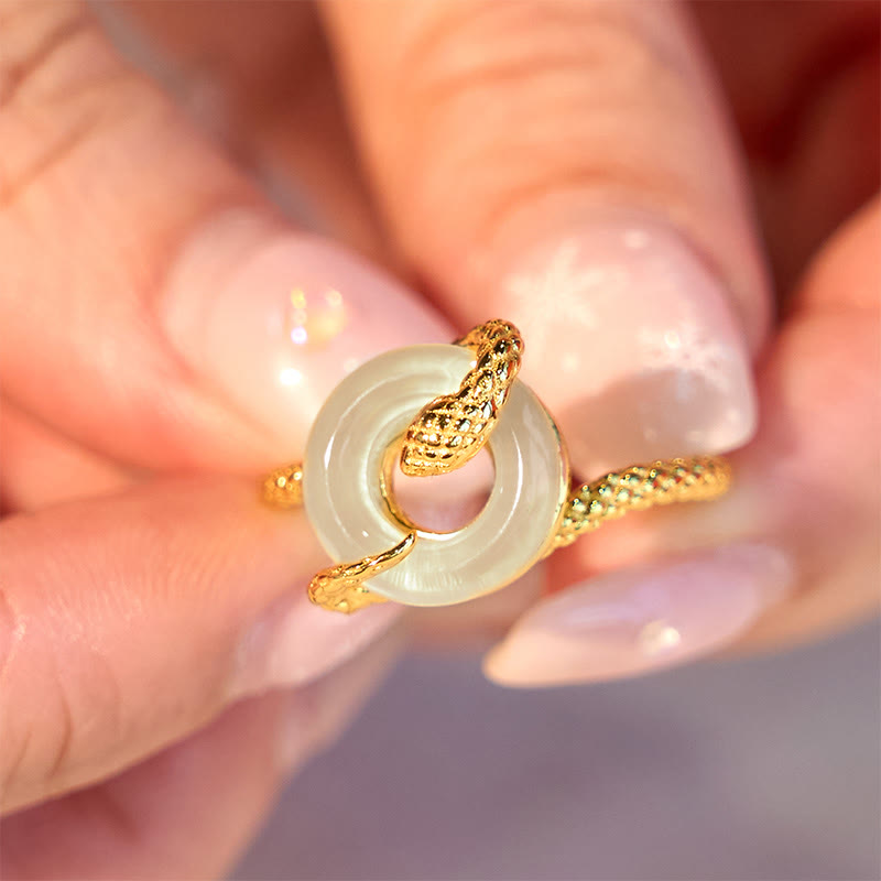 Adjustable 925 Sterling Silver Golden Snake Chalcedony Ping An Kou Peace Buckle Ring