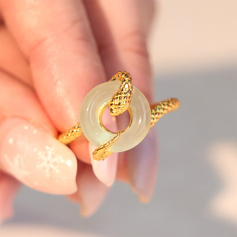 Adjustable 925 Sterling Silver Golden Snake Chalcedony Ping An Kou Peace Buckle Ring