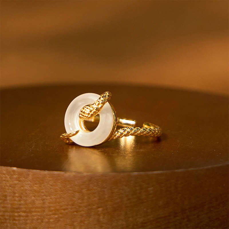 Adjustable 925 Sterling Silver Golden Snake Chalcedony Ping An Kou Peace Buckle Ring