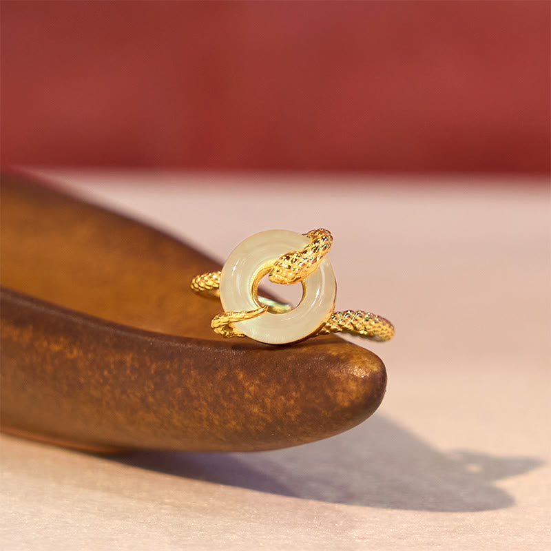 Adjustable 925 Sterling Silver Golden Snake Chalcedony Ping An Kou Peace Buckle Ring