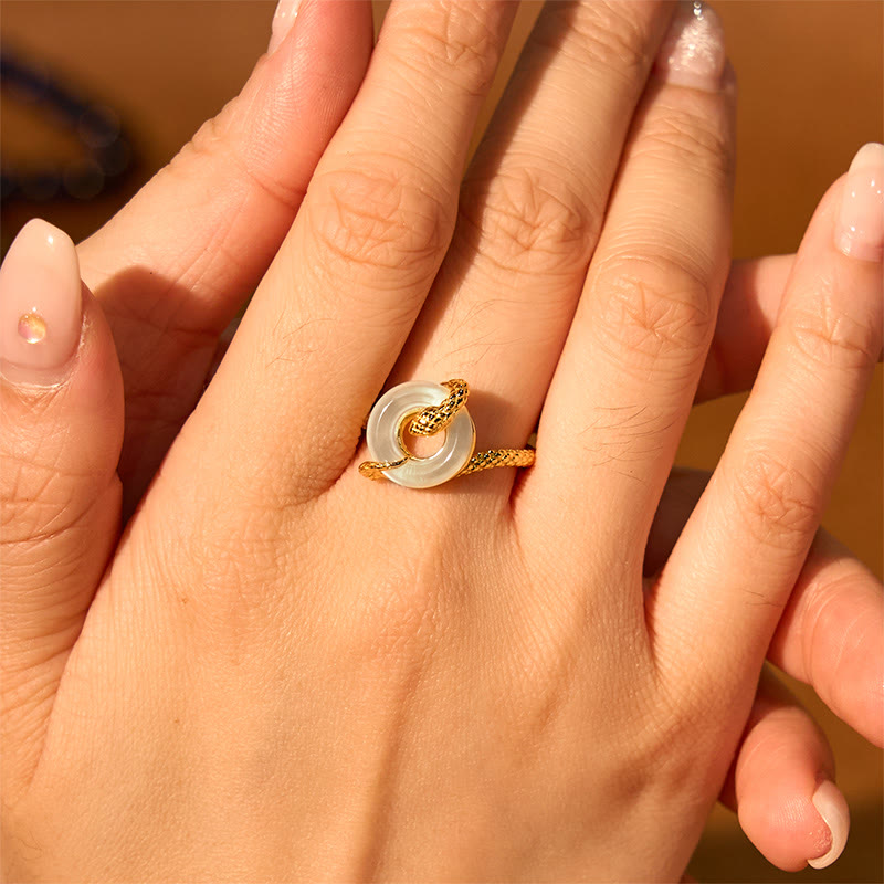 Adjustable 925 Sterling Silver Golden Snake Chalcedony Ping An Kou Peace Buckle Ring