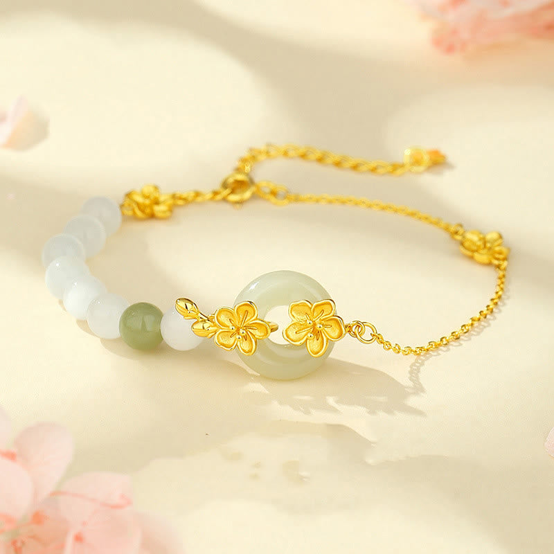 Chrysoberyl Cat's Eye & Hetian Jade Ping An Kou 999 Sterling Silver Floral Love Bracelet