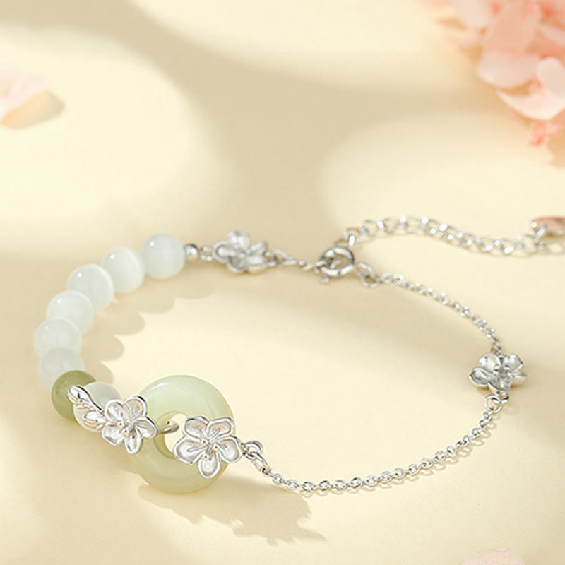 Chrysoberyl Cat's Eye & Hetian Jade Ping An Kou 999 Sterling Silver Floral Love Bracelet