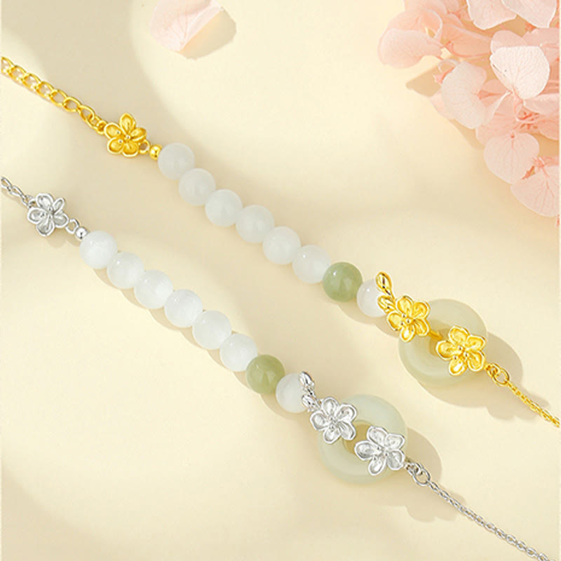 Chrysoberyl Cat's Eye & Hetian Jade Ping An Kou 999 Sterling Silver Floral Love Bracelet