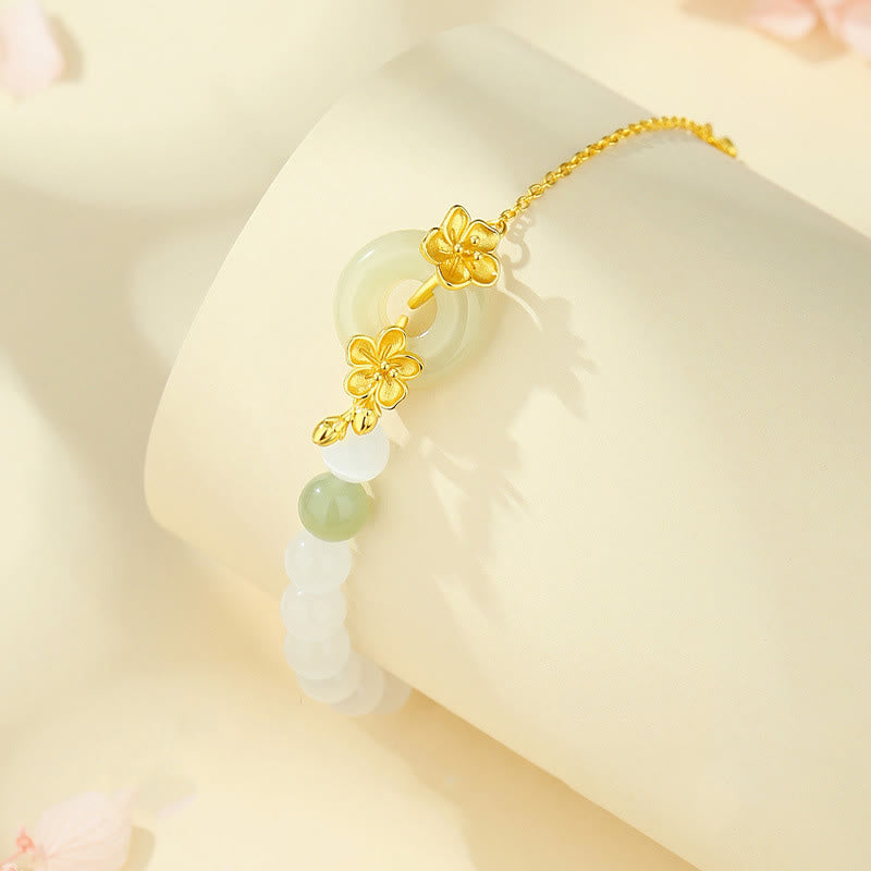Chrysoberyl Cat's Eye & Hetian Jade Ping An Kou 999 Sterling Silver Floral Love Bracelet