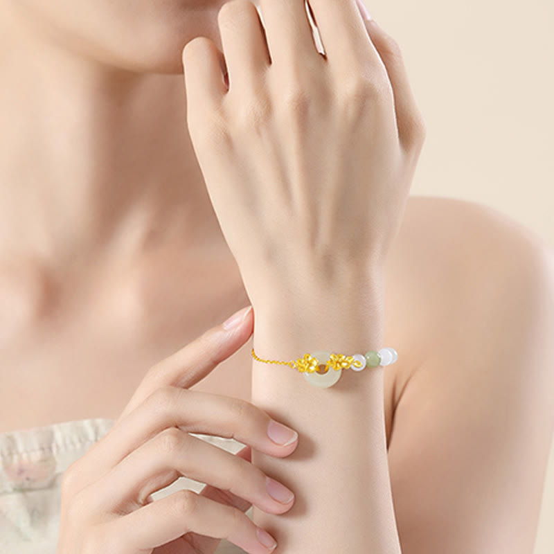 Chrysoberyl Cat's Eye & Hetian Jade Ping An Kou 999 Sterling Silver Floral Love Bracelet