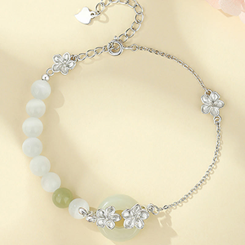 Chrysoberyl Cat's Eye & Hetian Jade Ping An Kou 999 Sterling Silver Floral Love Bracelet