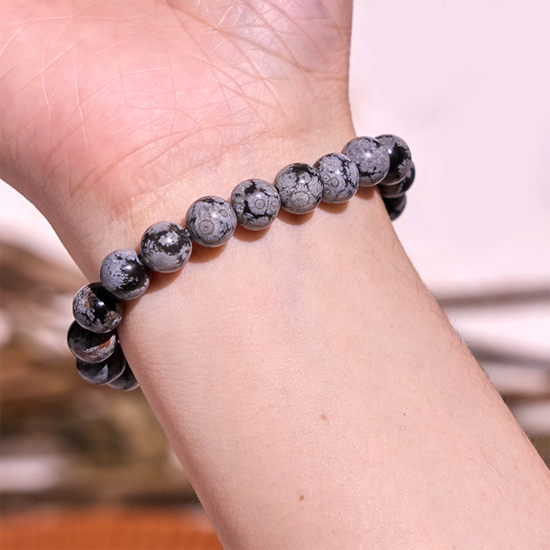 Natural Snowflake Obsidian Beaded Stretch Bracelet