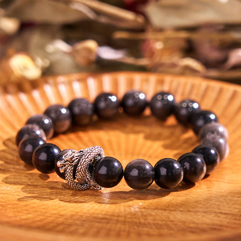 Handmade Silver Sheen Obsidian and Copper Dragon Beaded Bracelet