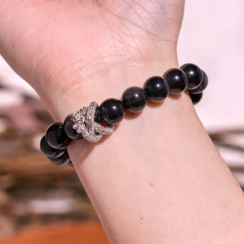 Handmade Silver Sheen Obsidian and Copper Dragon Beaded Bracelet