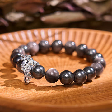 Handmade Silver Sheen Obsidian and Copper Dragon Beaded Bracelet