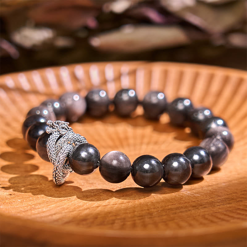 Handmade Silver Sheen Obsidian and Copper Dragon Beaded Bracelet