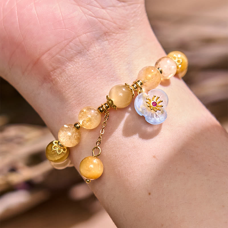 Handmade Tiger Eye and Citrine Beaded Flower Charm Bracelet