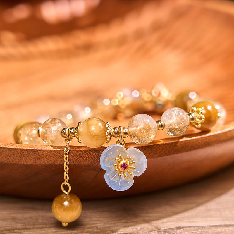 Handmade Tiger Eye and Citrine Beaded Flower Charm Bracelet