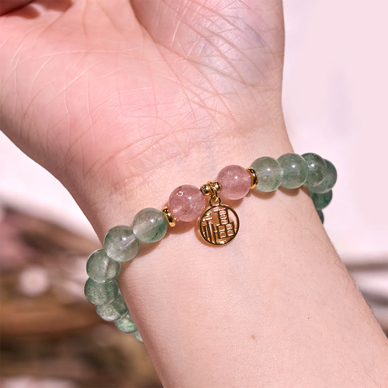 Natural Green Strawberry Quartz Beaded Bracelet with Fu Symbol Charm