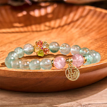 Natural Green Strawberry Quartz Beaded Bracelet with Fu Symbol Charm