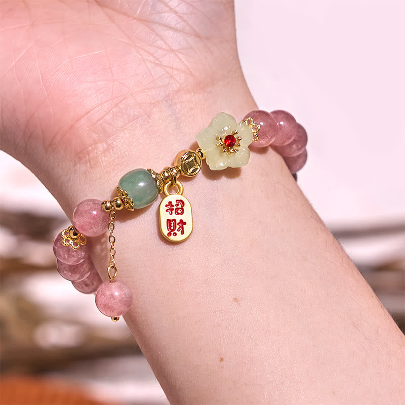 Natural Strawberry Quartz Blossom Fu Character Positivity Healing Bracelet