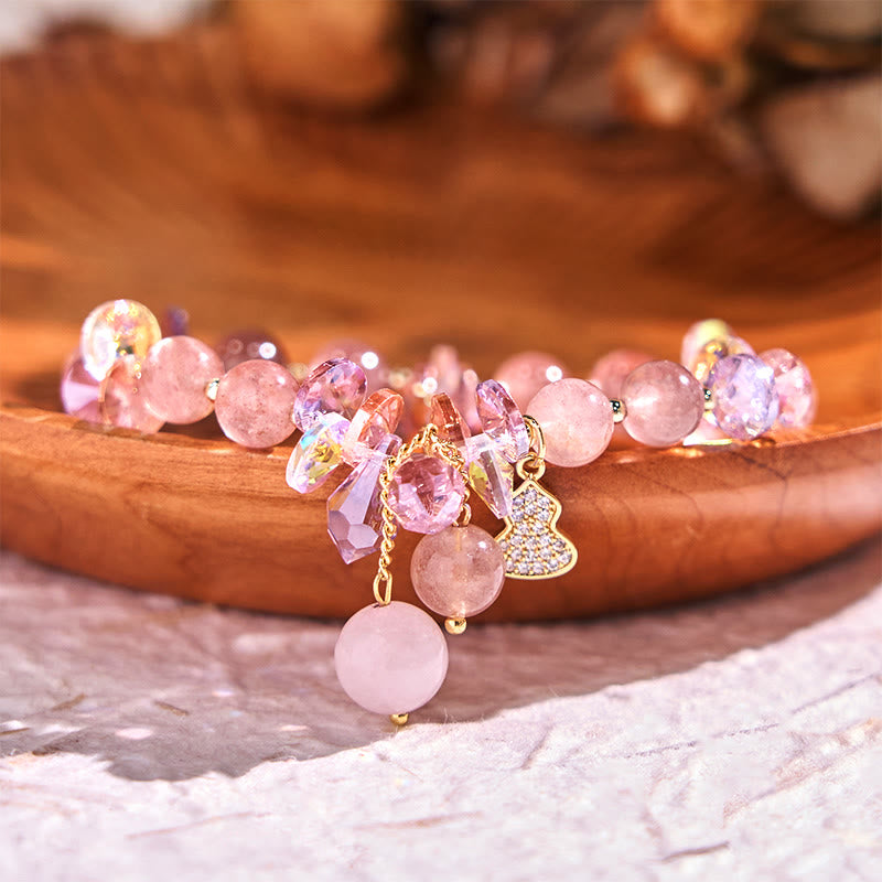 Strawberry Quartz and Clear Quartz Beaded Bracelet with Copper Wu Lou Gourd Charm