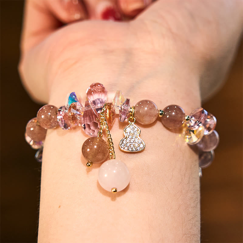 Strawberry Quartz and Clear Quartz Beaded Bracelet with Copper Wu Lou Gourd Charm