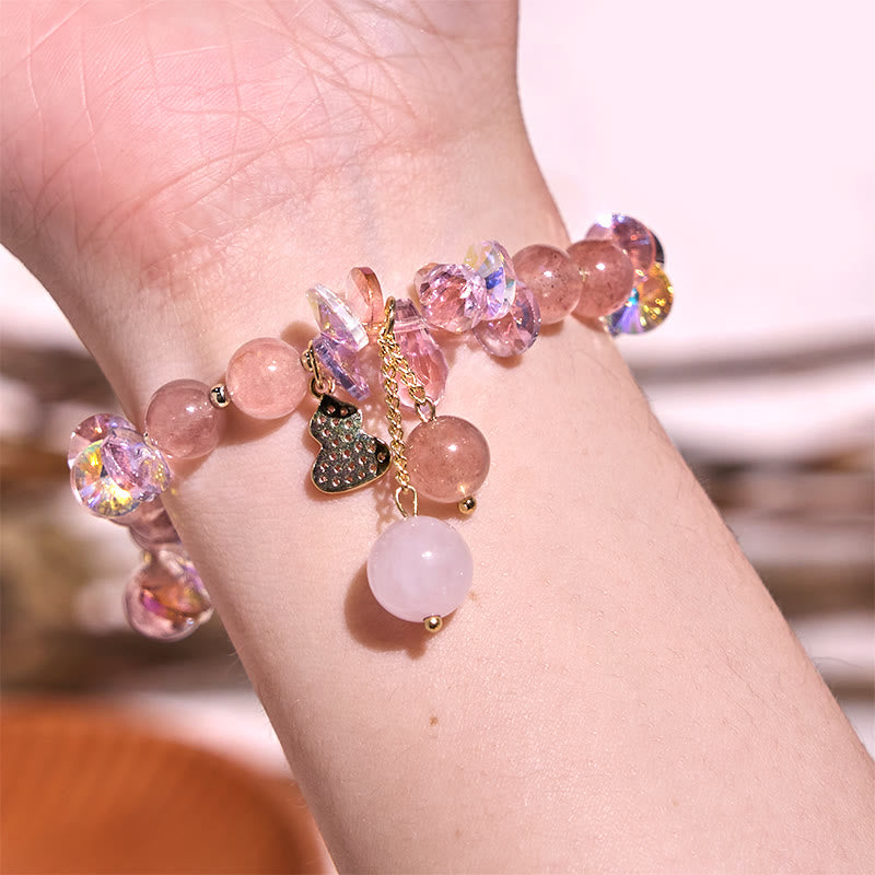 Strawberry Quartz and Clear Quartz Beaded Bracelet with Copper Wu Lou Gourd Charm