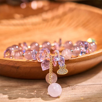 Strawberry Quartz and Clear Quartz Beaded Bracelet with Copper Wu Lou Gourd Charm