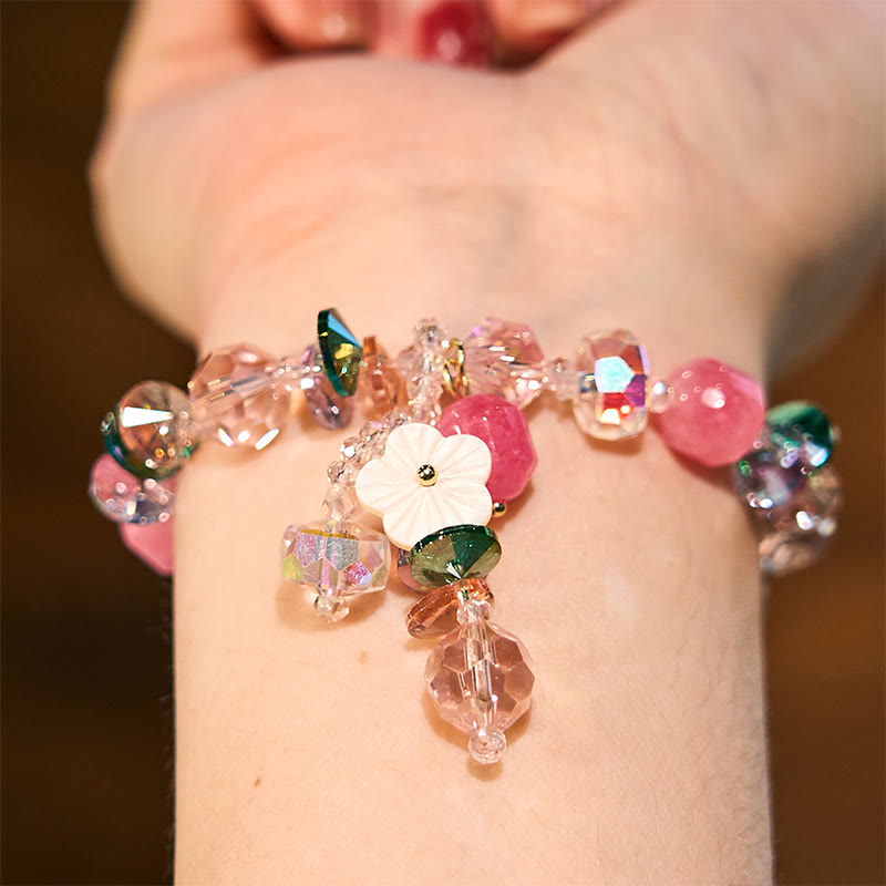 Rose Quartz, Green & Clear Quartz Beaded Flower Bracelet