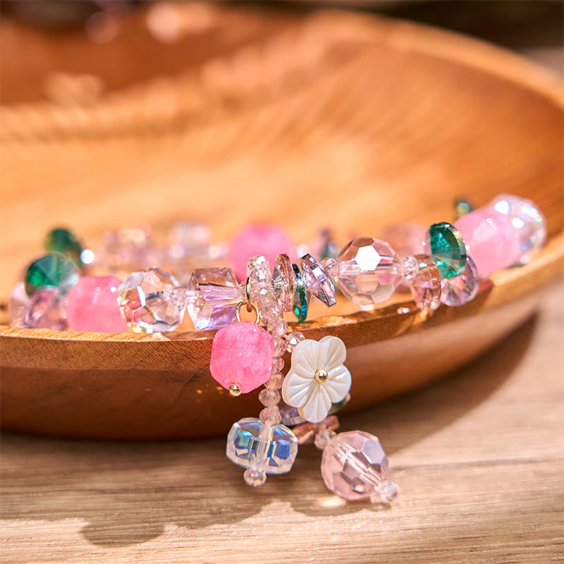 Rose Quartz, Green & Clear Quartz Beaded Flower Bracelet