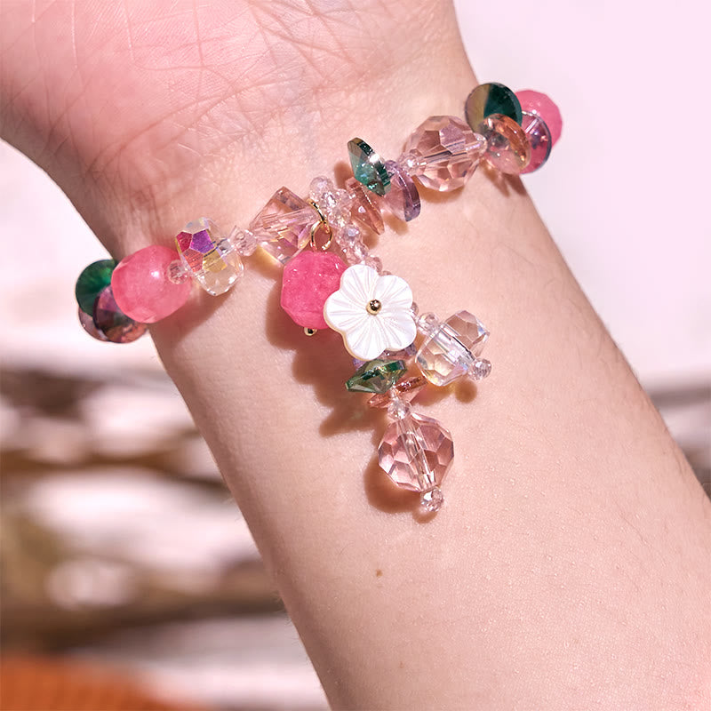 Rose Quartz, Green & Clear Quartz Beaded Flower Bracelet