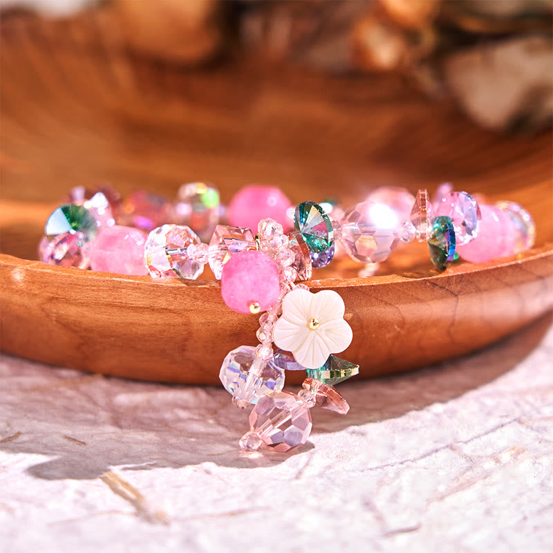 Rose Quartz, Green & Clear Quartz Beaded Flower Bracelet
