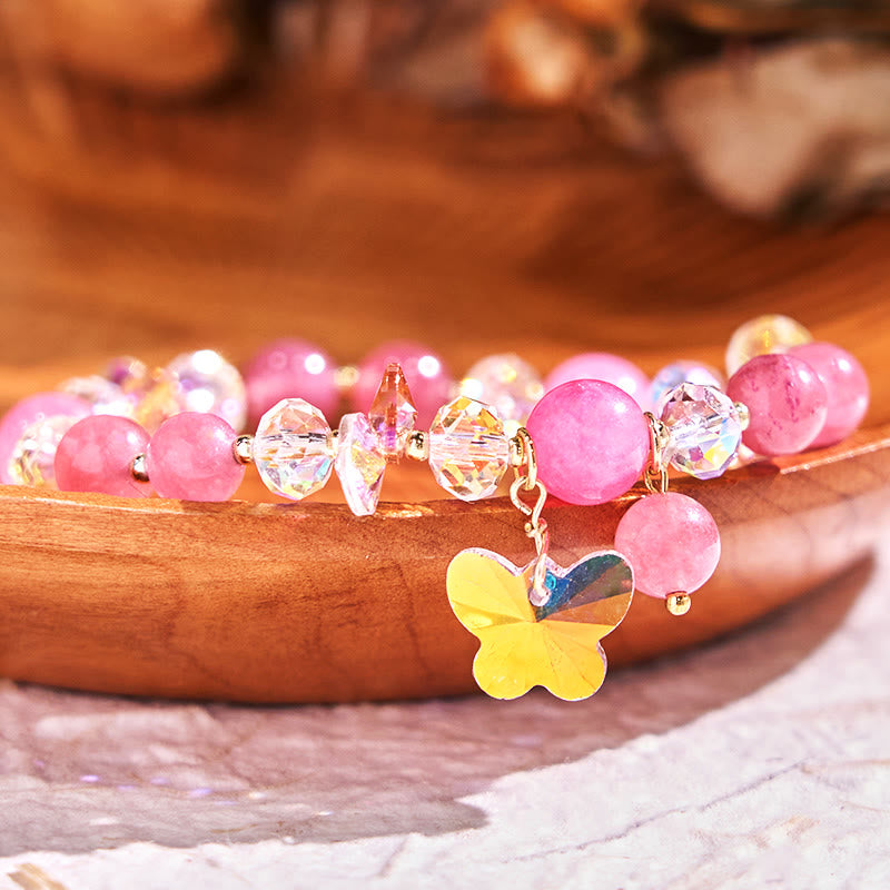 Pink Strawberry Rose & Clear Quartz Beaded Butterfly Charm Bracelet