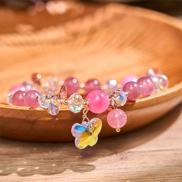Pink Strawberry Rose & Clear Quartz Beaded Butterfly Charm Bracelet