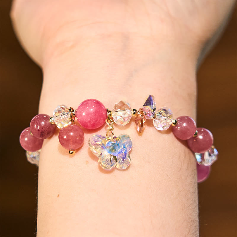 Pink Strawberry Rose & Clear Quartz Beaded Butterfly Charm Bracelet