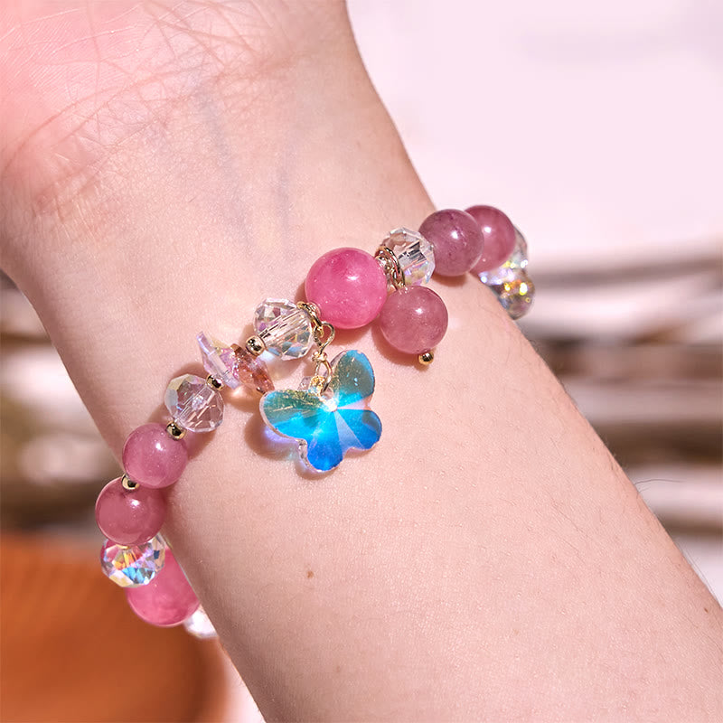 Pink Strawberry Rose & Clear Quartz Beaded Butterfly Charm Bracelet