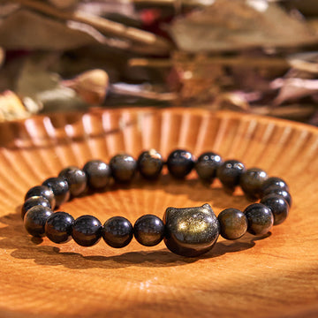 Handmade Gold & Silver Sheen Obsidian Feline Charm Beaded Bracelet