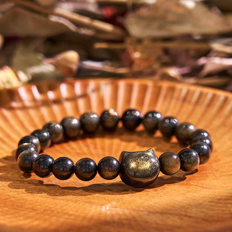 Handmade Gold & Silver Sheen Obsidian Feline Charm Beaded Bracelet