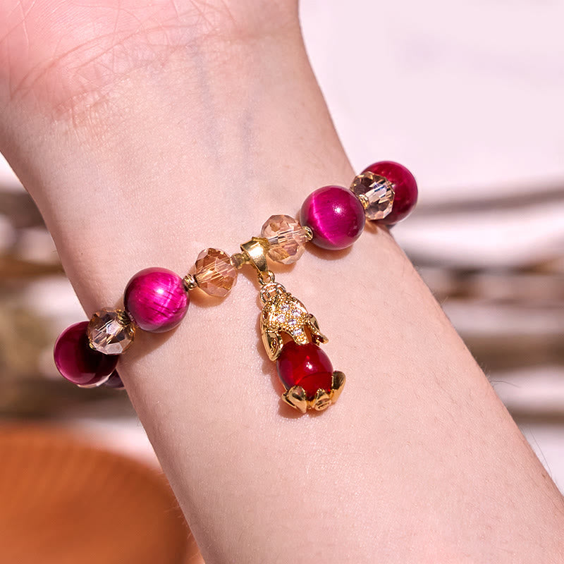 Red Tiger Eye Beaded Bracelet with Carved Pixiu or Fox Totem