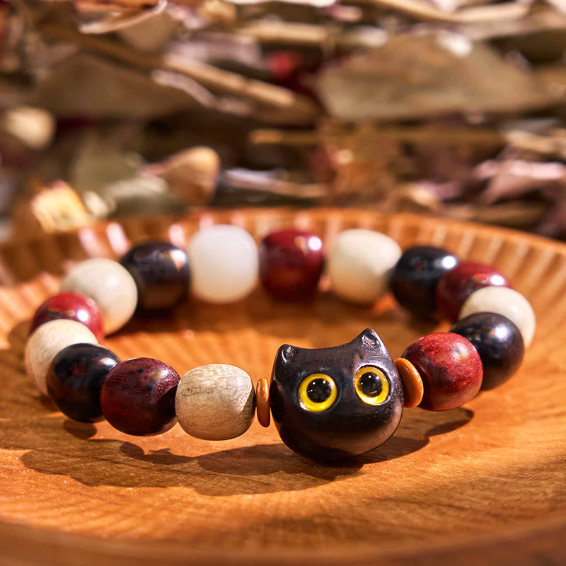 Cute Cat Engraved Sandalwood & Ebony Wood Energy Bracelet