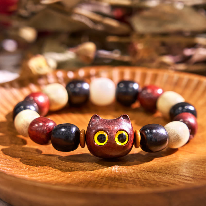 Cute Cat Engraved Sandalwood & Ebony Wood Energy Bracelet
