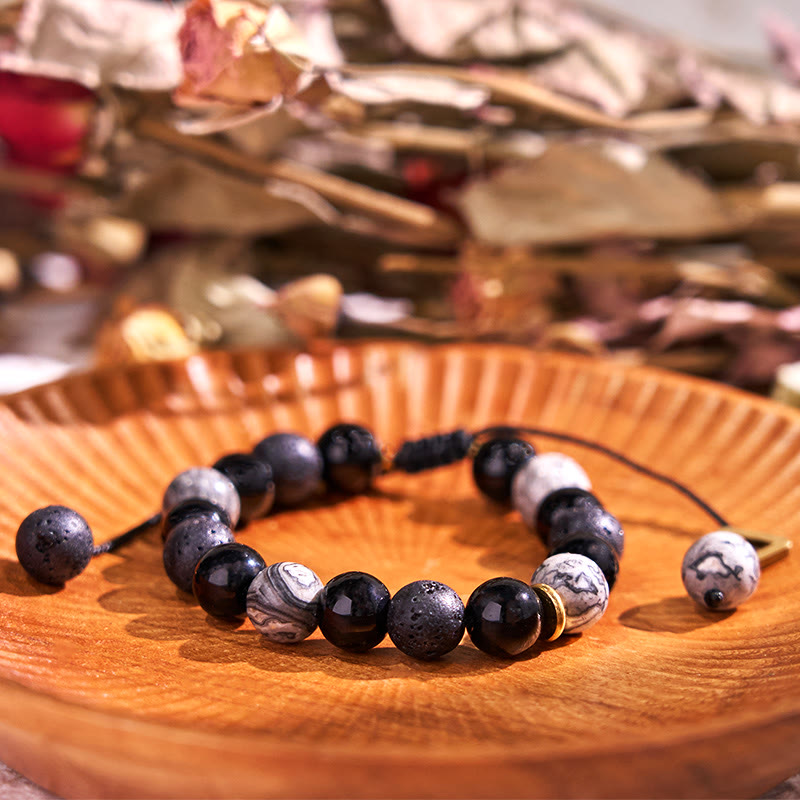 Natural Black Obsidian and Lava Rock Yin Yang Beaded Balance Bracelet