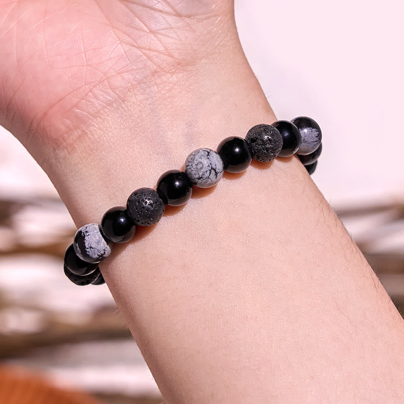 Natural Black Obsidian and Lava Rock Yin Yang Beaded Balance Bracelet