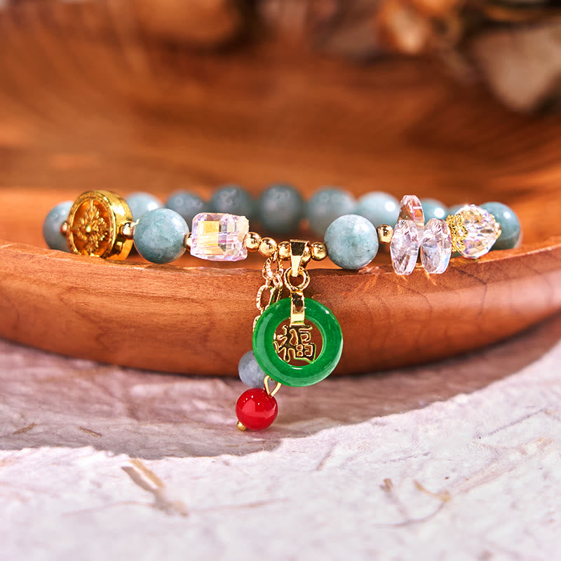 Strawberry Quartz and Jade Fu Character Charm Beaded Bracelet